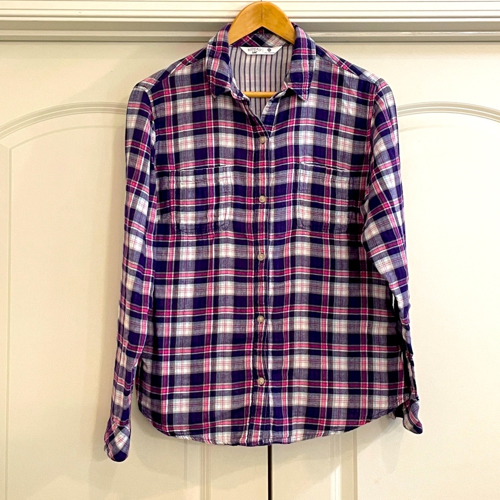 Riders by Lee purple and pink plaid button down shirt.